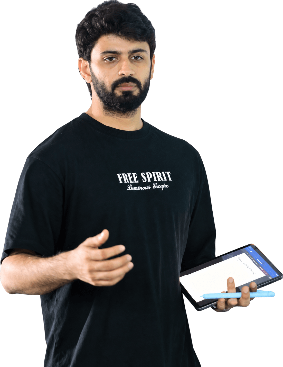 Rohail Ahmed teaching, holding a tablet